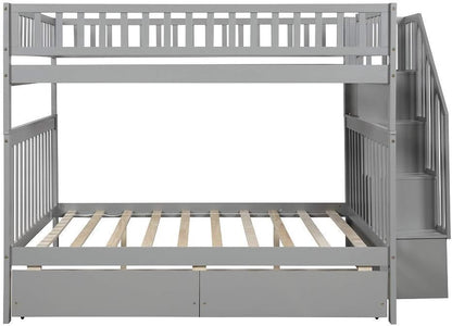 Bunk Beds Full over Full Size, Solid Wood Full Bunk Beds with Drawers and Stairway, Full Length Guardrail, No Box Spring Needed (Grey Full over Full Bunk Beds)